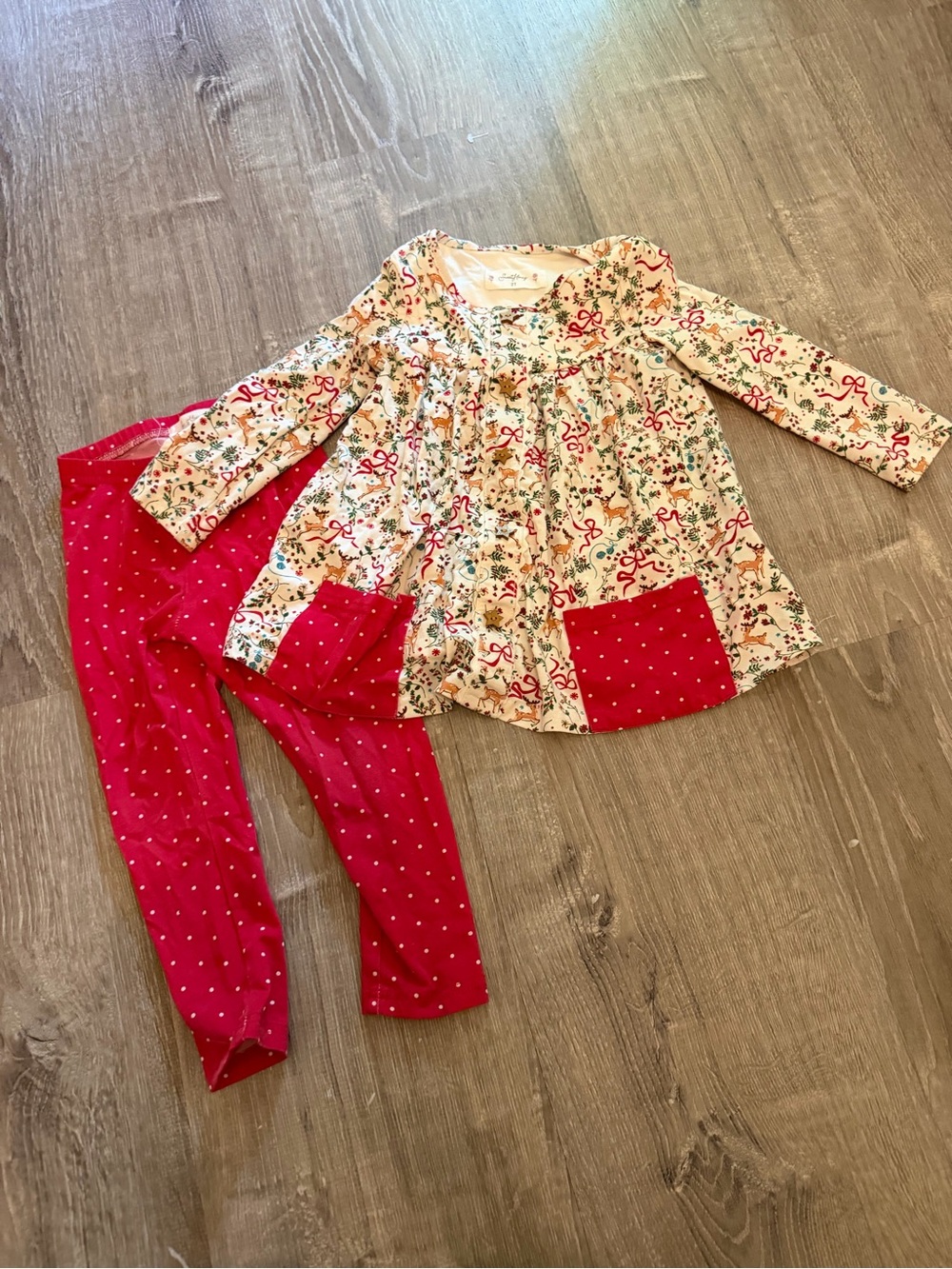 Sweethoney Red Polka Dot Leggings with Cream reindeer Tunic